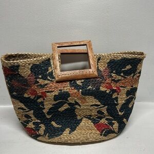 En Creme Pallavi Jute Tote Bag Wooden Handles Purse Boho Floral Tan Brown